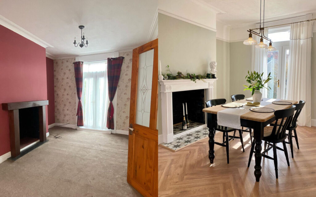 Before and after of the dining room. One filled with red walls and dingy carpet, the other with olive green walls, laminate flooring and bespoke dining table