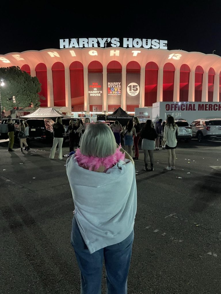 Reina has a pink feather boa around her neck as she faces the stadium which reads: "Harry's House" 