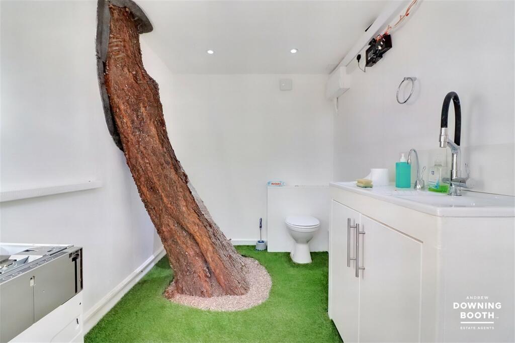 the six-bed house is for sale for £500,000 with tree growing inside the bathroom in front of the loo, The tree in the bathroom with fake grass.
