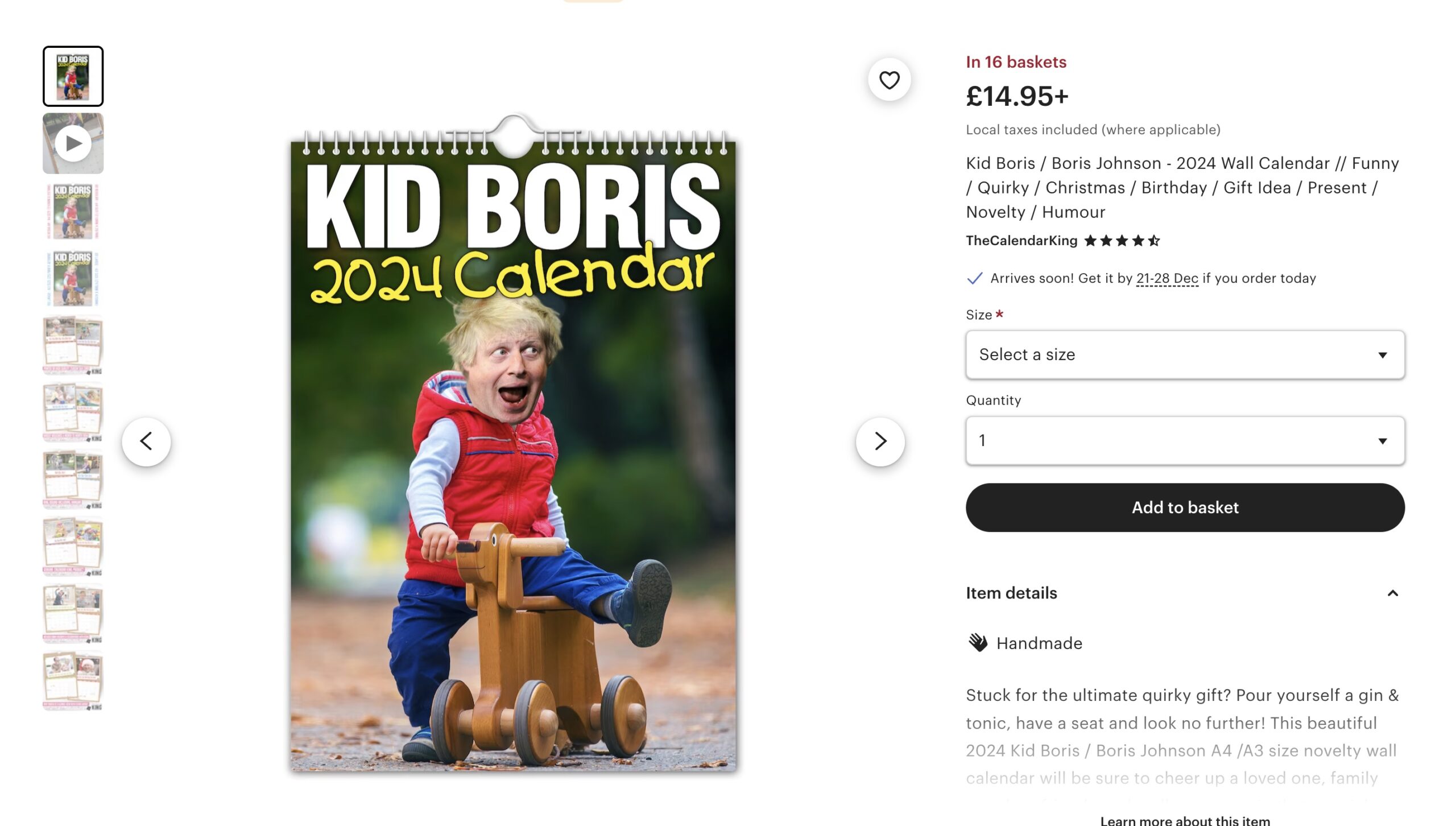 the hilarious ‘Baby’ Boris Johnson calendar for 2024 product page on the website.