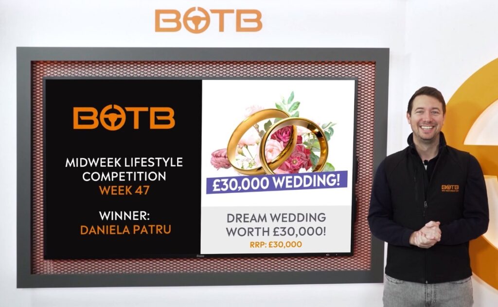 A video grab of BTOB presenter, Christian Williams announcing Daniela Patru as the winner of a £30,000 dream wedding.