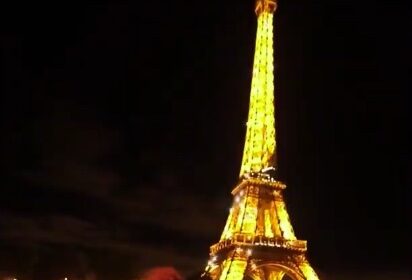 A video grab of Razvan asking Daniela Patru to marry her in front of the Eiffel Tower.