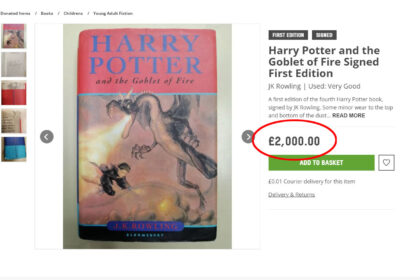 The first edition of Harry Potter and the Goblet of Fire available at Oxfam. products listing on charity shop.