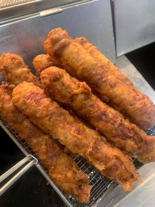 Giant battered pigs in blankets.