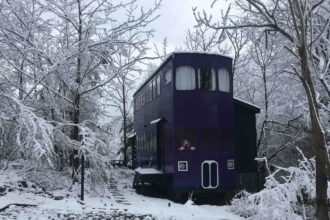 Outside the Knight Bus Airbnb where Harry Potter fans can now stay.