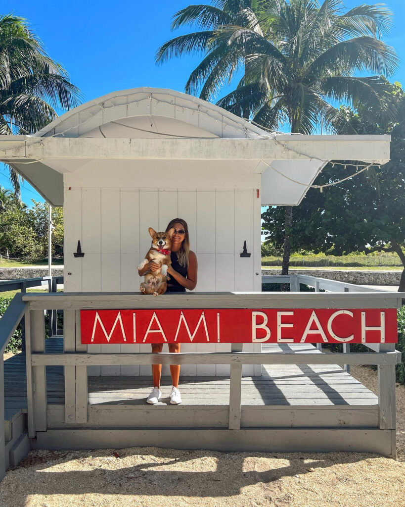 Maddie in her hometown Miami Beach, Florida, with his jet-setting dog Winston.