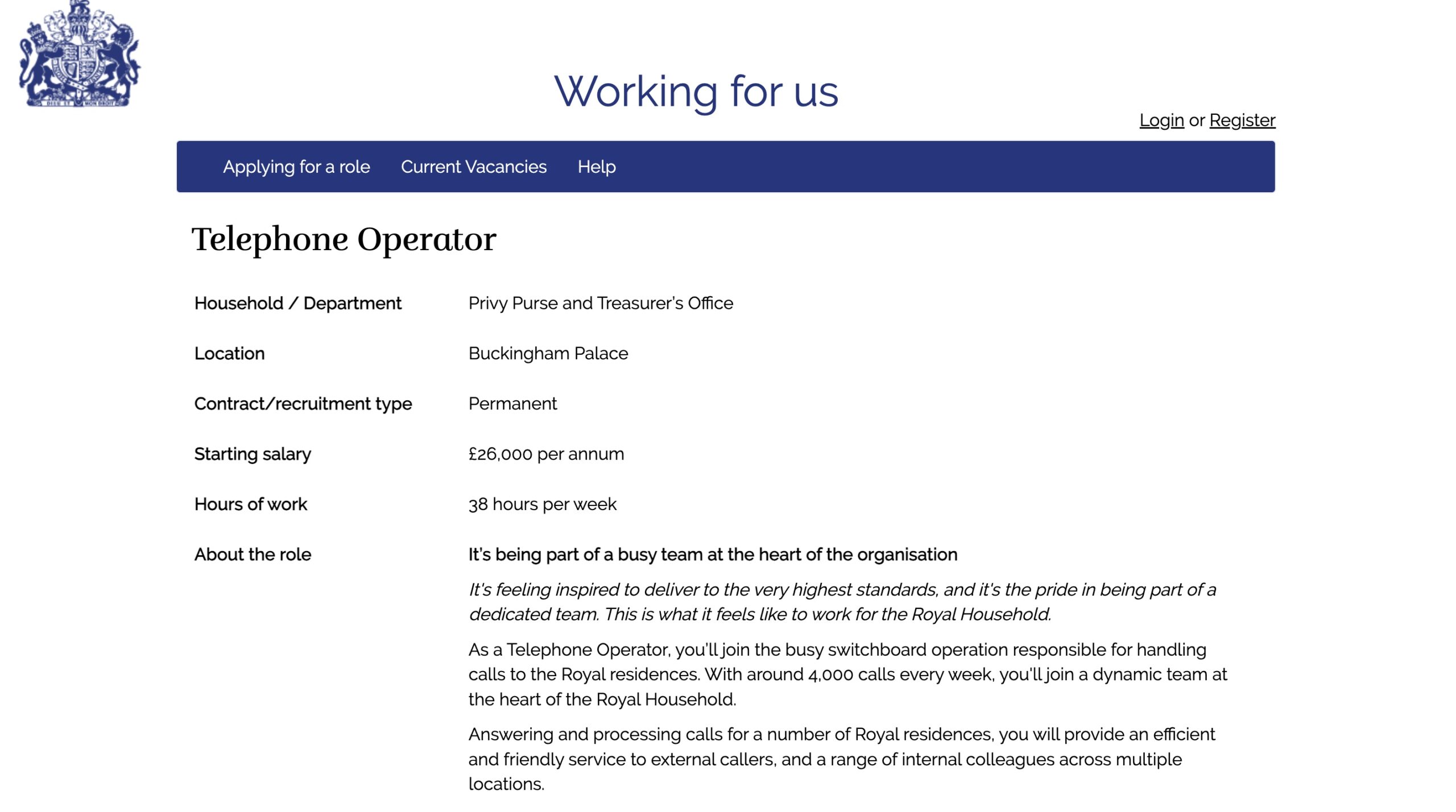 The job description and application for a royal phone operator.