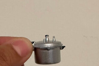 woman holding The tiny pressure cooker which is on sale on Temu.