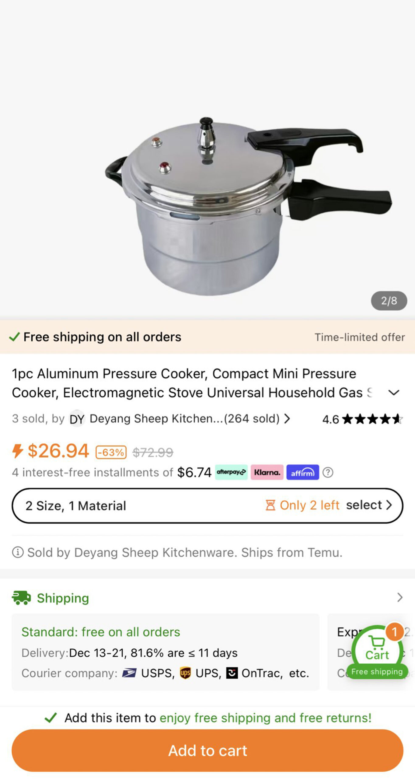 the website product page for the tiny pressure cooker on sale on Temu.