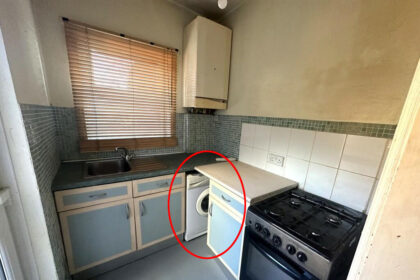 The property for sale in Sheffield with an oddly located washing machine. This shows the kitchen with the washing machine.