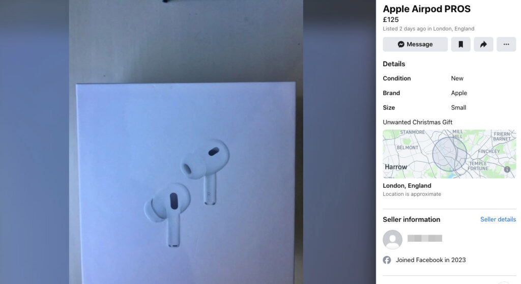 Apple Airpods - an unwanted Christmas gift for sale on Facebook Marketplace as cost of living crisis worsens in England.