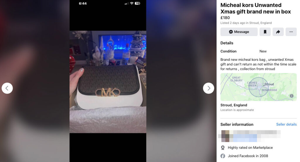 A Michael Kors handbag - an unwanted Christmas gift for sale on Facebook Marketplace as cost of living crisis worsens in England.