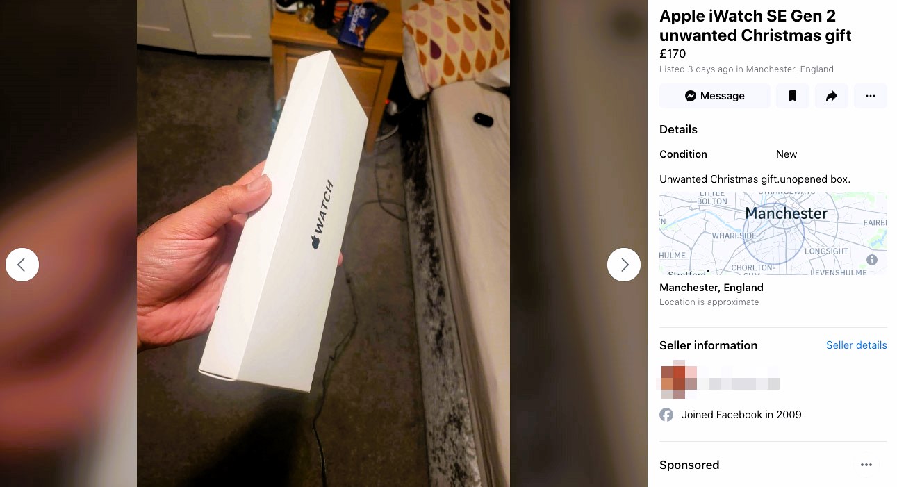 An Apple Watch - an unwanted Christmas gift for sale on Facebook Marketplace as cost of living crisis worsens in England.