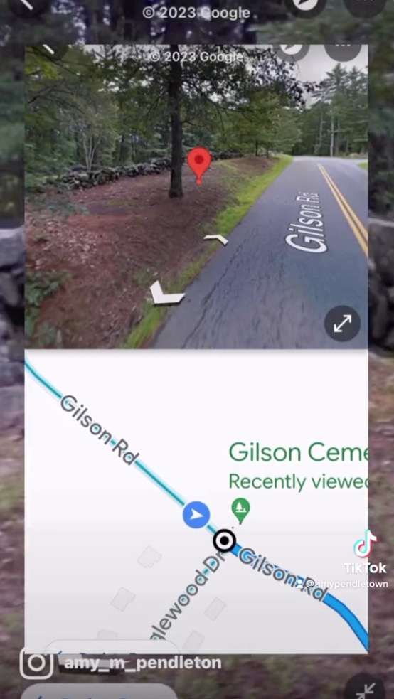 A picture from the video posted by Amy Pendleton showing what she believes is a ghost to the side of the road in Gilson cemetery, Nashua, New Hampshire, US.