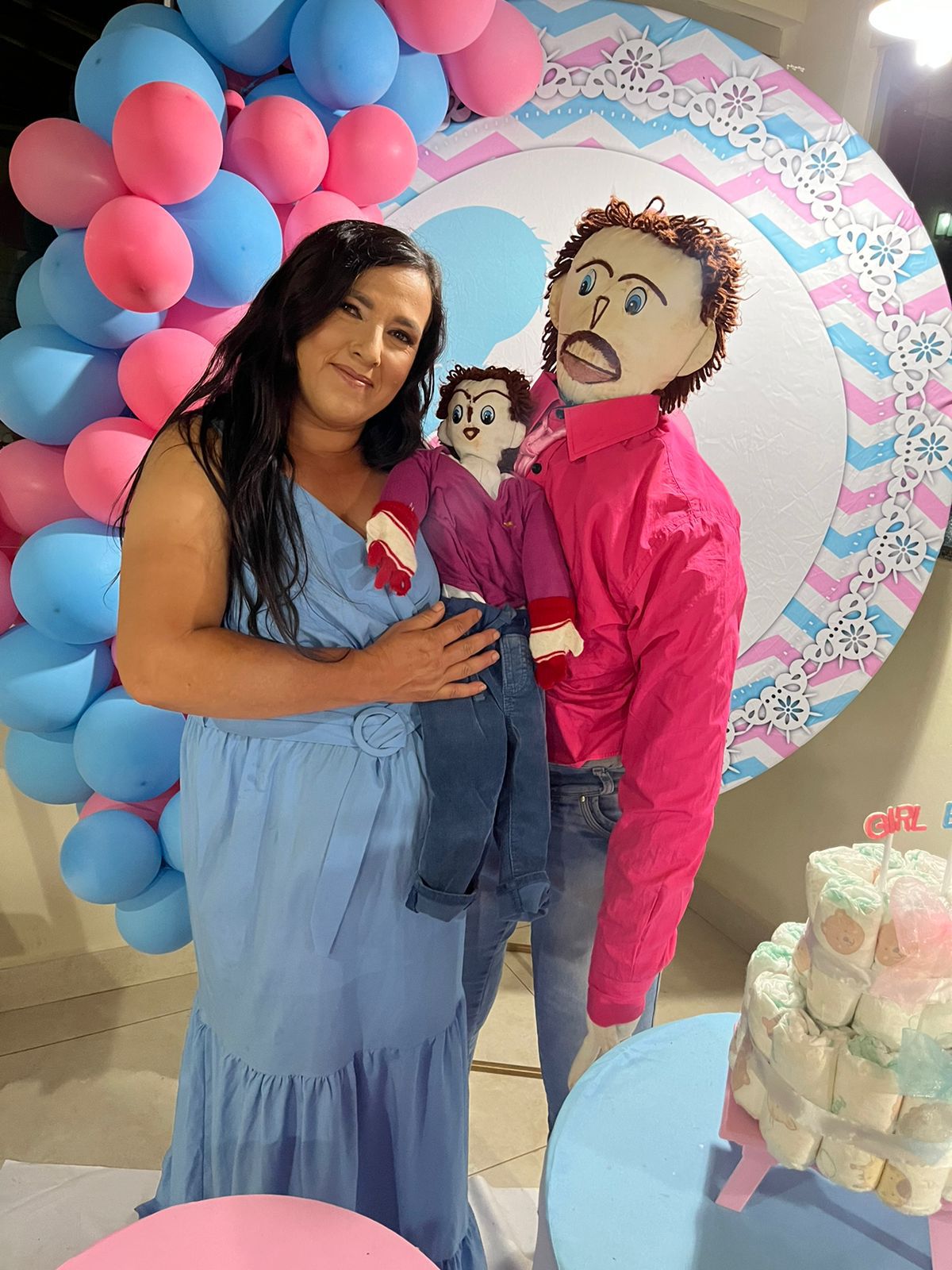 Meirivone, Marcelo and Marcelinho at the gender reveal of the second rag doll baby.