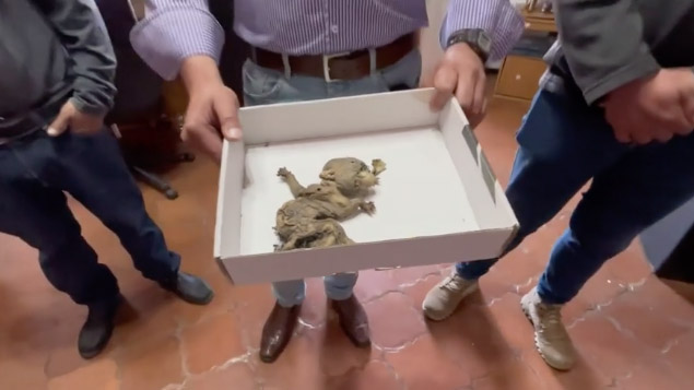 Mayor Francisco Mayoral Flores with the ‘goblin foetus’.