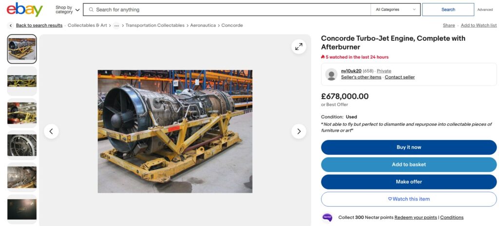 The Rolls Royce Olympus Turbojet 593-610 from a BA Concorde now available for sale on ebay.