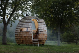 Outside the Escape Pods which are available on the market for sale.