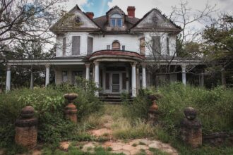 The outside of the abandoned Anne-style home.