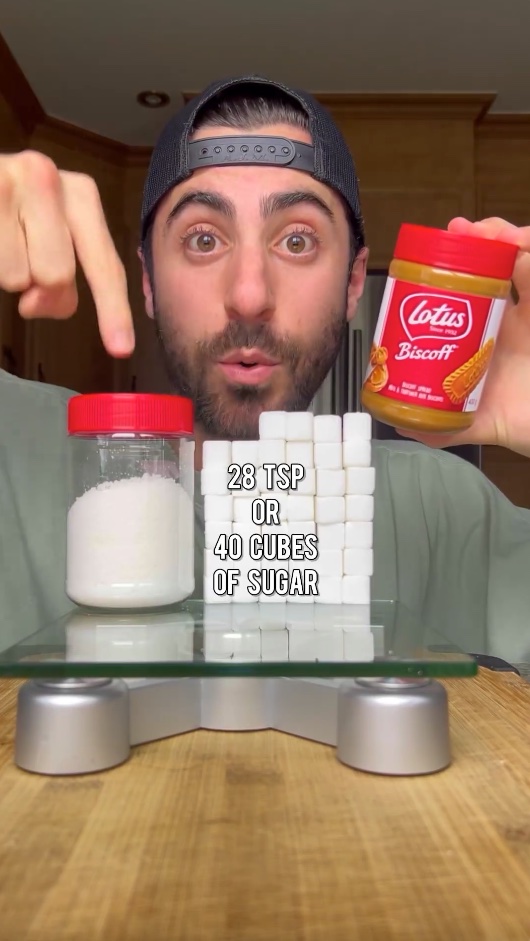 A video grab of the nutritionist Joey revealing how much sugar can be found in a jar of Biscoff spread.