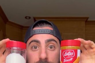A video grab of the nutritionist Joey revealing how much sugar can be found in a jar of Biscoff spread.