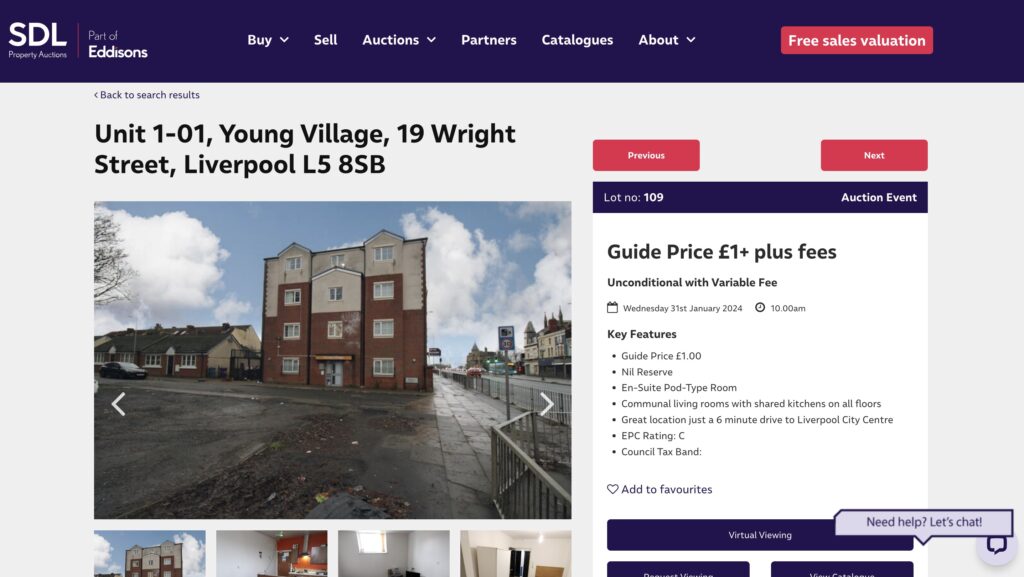 The listing on SDL Property Auctions for the £1 flat.