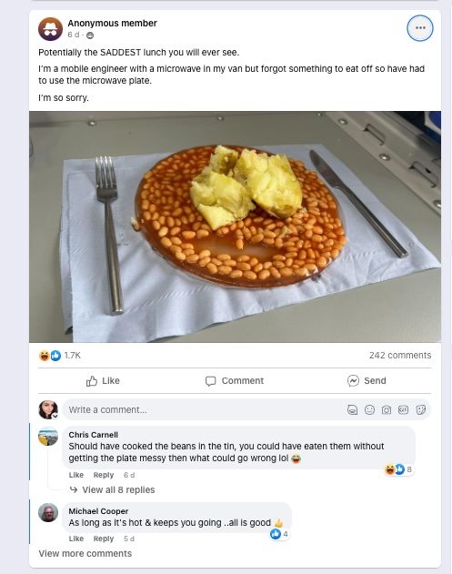 a funny and humorous post on facebook about a mobile engineers lunch that he ate on top of a microwave.