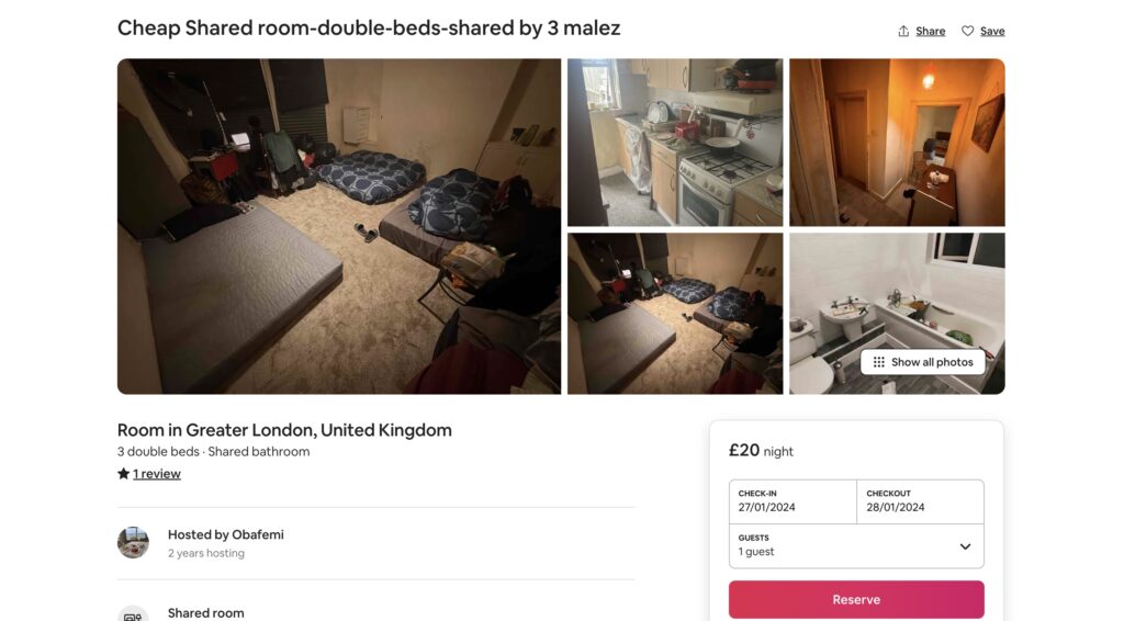 the bizarre listing of the London airbnb available for renting offering the chance to sleep on mattresses on the floor in a shared room.