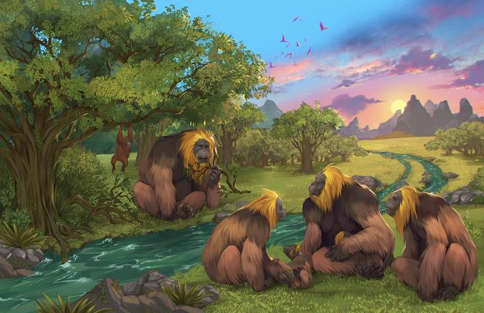 An illustration of a group of G. Blacki in a forest in Southern China, before extinction of 10ft tall ‘King Kong’ apes.