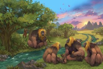 An illustration of a group of G. Blacki in a forest in Southern China, before extinction of 10ft tall ‘King Kong’ apes.