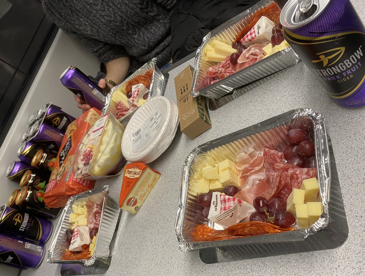 Food trays of the Posh football fans, who were mocked for tucking into charcuterie on the way to an away match.