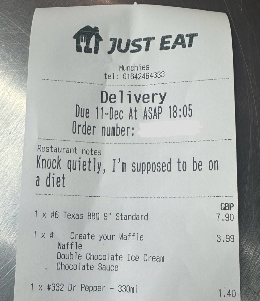 The ‘hilarious’ Just Eat delivery note from a customer on diet goes viral on social media.