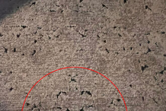 Lindsey Waylett's rug in which she spotted Robin Williams' character Mrs Doubtfire (circled) goes viral on social media.