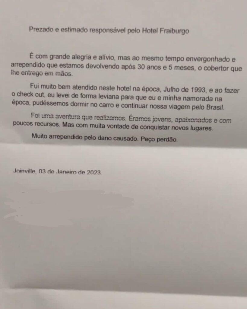 The letter that the man left with the stolen blanket when returning it to the hotel after 30 years in brazil.