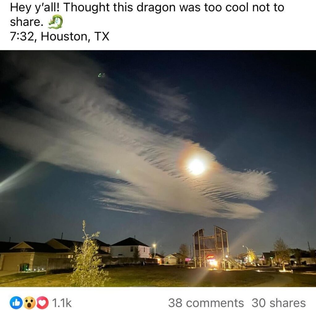 A woman in Houston, Texas, spots a dragon-shaped cloud resembling a mythical beast, coinciding with the Chinese Year of the Dragon in 2024. Social media users are awestruck, comparing it to iconic movie dragons like Falcor from The Neverending Story.