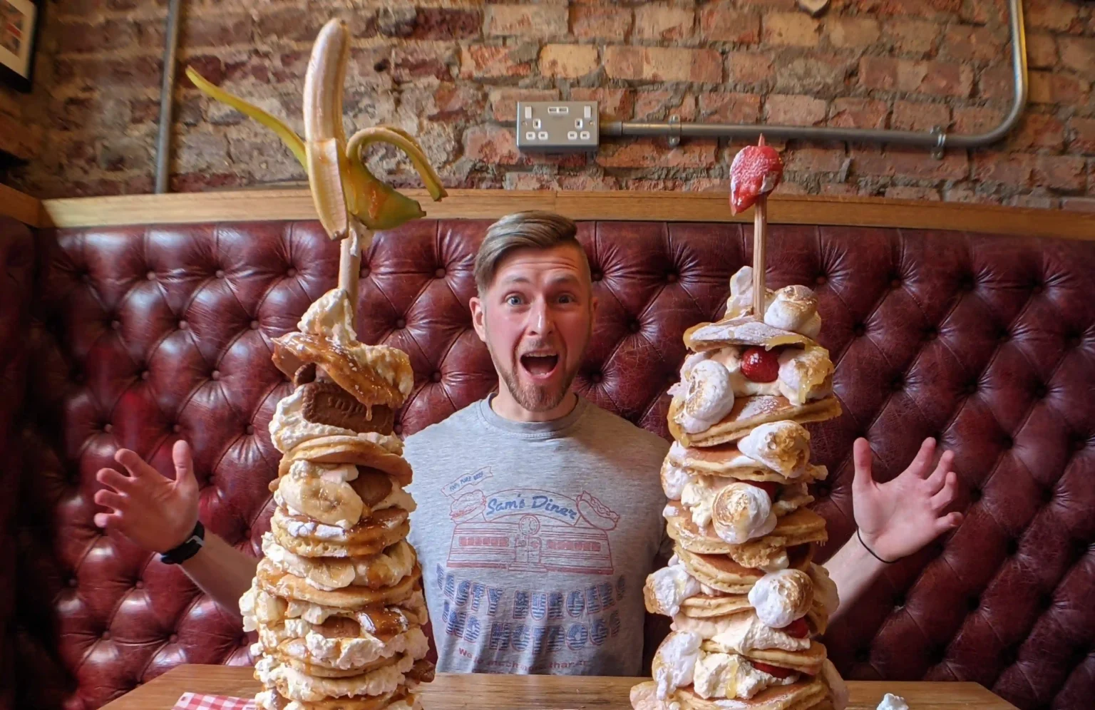 Café challenges brits diners to devour a towering stack of 12 fluffy pancakes at Polo Bar in just 15 minutes and win a free meal, plus a spot on their wall of fame!