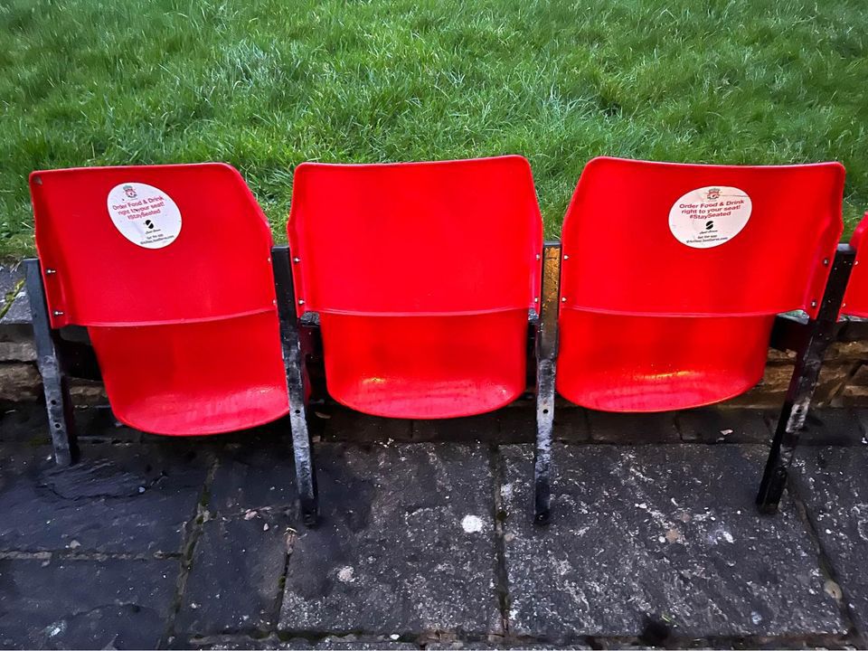 For sale: Three historic seats from Liverpool's Anfield stadium, used by Reds fans for over 30 years. Perfect for a man cave or garden bar.