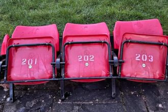 For sale: Three historic seats from Liverpool's Anfield stadium, used by Reds fans for over 30 years. Perfect for a man cave or garden bar.