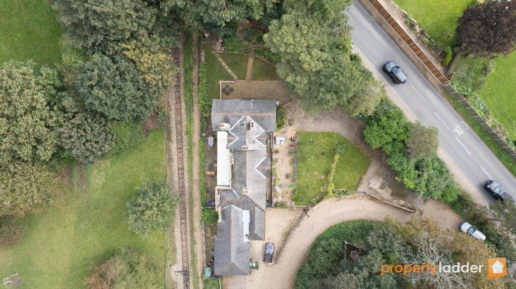 aerial view of the converted railway station property available for sale in the village of Coltishall, near Norwich.