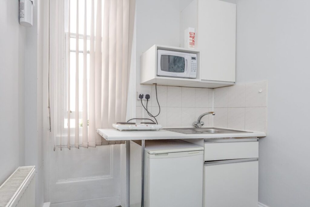 A London studio flat available for renting lacks a proper kitchen, with just a camping-style hob and microwave. Tenants share a shower and WC in the hallway.