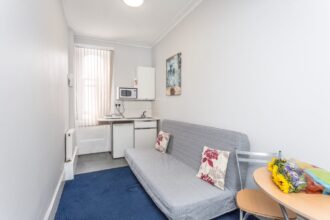 A London studio flat available for renting lacks a proper kitchen, with just a camping-style hob and microwave. Tenants share a shower and WC in the hallway.