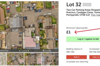 The listing on website of the car park available for sale at an auction in the village of Tonteg, near Pontypridd, south Wales for just one pound.