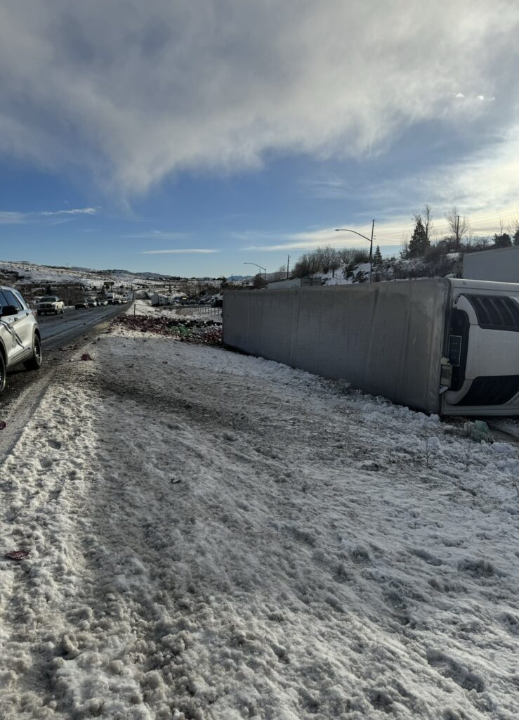 the overturned lorry spills hundreds of Dr Pepper cans, causing motorway delays. The highway near Reno, Nevada, faced icy conditions, resulting in minor accidents, Humorous comments follow, reminiscent of Dr Pepper's iconic ad slogan.
