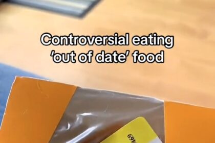 Internet divided as woman eats out-of-date chicken wrap, claiming it's fine. Some express concern, others defend, highlighting differing opinions on food safety.