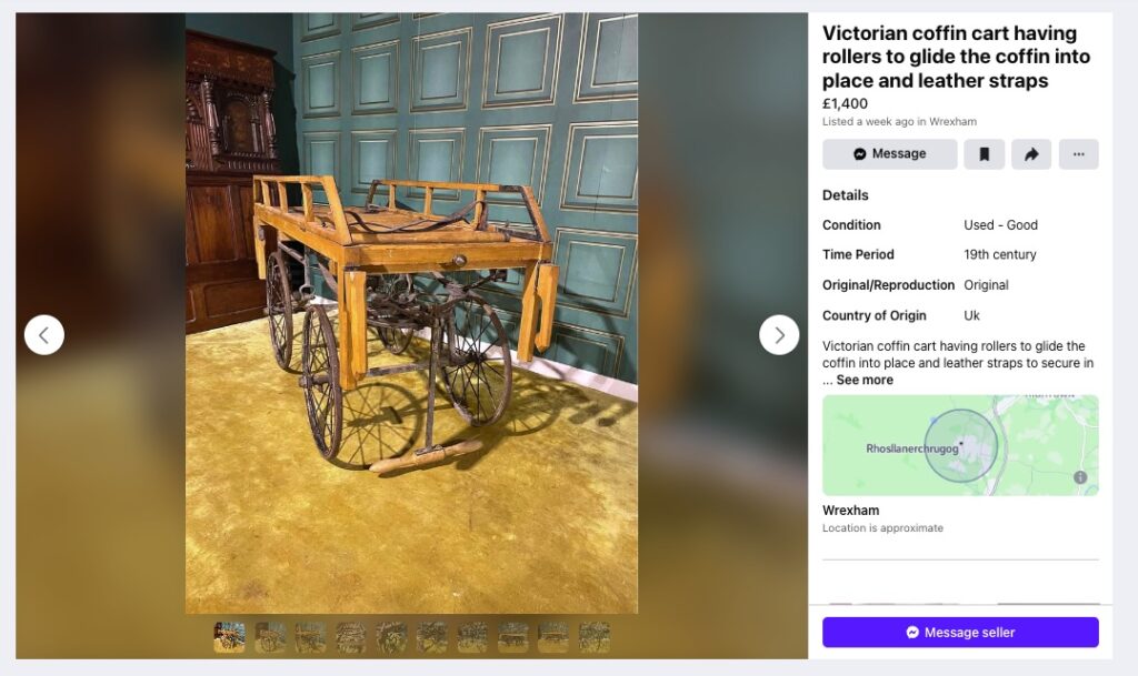 Victorian-era 'funeral cart' listed on Facebook Marketplace for £1,400. Once used for those unable to afford horse-drawn carriages, it's now a unique antique with fold-down wooden sides. Seller describes it as "one of the strangest things" they've sold.