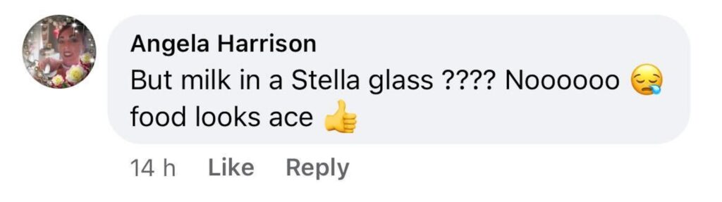 Social media comment on the post of A couple's posh meal draws attention as they sip milk from Stella Artois glasses, sparking debate over drink choice. Viral sensation with 1,000+ comments.