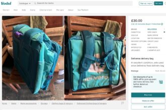 Deliveroo riders are capitalizing on demand, selling food delivery bags for up to £35 on Vinted. The listings spark humor and curiosity among users.