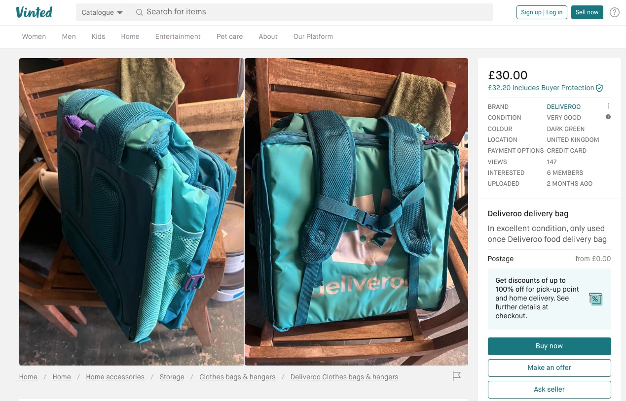 Deliveroo riders are capitalizing on demand, selling food delivery bags for up to £35 on Vinted. The listings spark humor and curiosity among users.