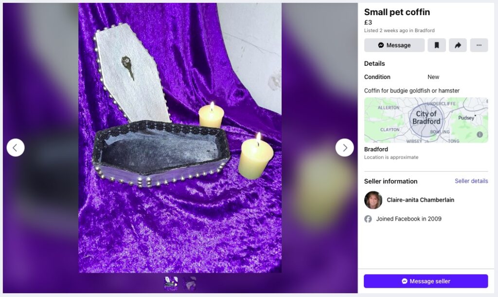 A woman is selling a pet coffin on Facebook Marketplace for £3, perfect for small pets like goldfish, hamsters, or budgies. What started as a joke turned into a business venture for Claire-Anita Chamberlain.