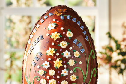 Indulge in luxury with Betty’s Cafe Tea Rooms' £375 Grande Easter Egg, made from Grand Cru Swiss chocolate and adorned with hand-piped flowers.